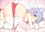 1girl all_fours animal_ear_fluff animal_ears animal_hands ass bangs bare_arms bare_shoulders bed_sheet bikini blue_eyes blue_hair blush cameltoe cat_ears cat_paws cat_tail closed_mouth covered_anus eyebrows_visible_through_hair from_behind gloves gochuumon_wa_usagi_desu_ka? hair_between_eyes hair_ornament highres kafuu_chino long_hair looking_at_viewer looking_back parted_lips paw_gloves red_bikini solo sweat swimsuit tail thighhighs top-down_bottom-up watanon_(gakushokutei) white_legwear x_hair_ornament 