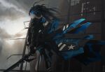  1girl baronilu black_hair black_jacket black_rock_shooter black_rock_shooter_(character) black_rock_shooter_(inexhaustible) blue_eyes blue_fire fire flaming_eye gloves highres jacket long_hair solo standing sword twintails weapon 