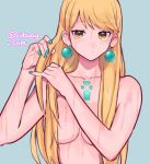  1girl bangs blonde_hair blue_background closed_mouth covered_nipples covering covering_breasts earrings green_nails hair_between_eyes holding holding_hair jewelry long_hair mythra_(xenoblade) nail_polish nude simple_background solo subway_sum wet wet_hair xenoblade_chronicles_(series) xenoblade_chronicles_2 yellow_eyes 