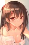  1girl bangs bare_shoulders blush breasts chinese_commentary closed_mouth commentary_request eyebrows_visible_through_hair hair_ornament hair_scrunchie hairclip highres jiang_xin long_hair looking_at_viewer nipples no_bra off_shoulder one_breast_out one_side_up open_clothes open_shirt original red_eyes scrunchie shirt small_breasts solo unbuttoned unbuttoned_shirt upper_body white_shirt 
