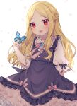  1girl :d animal_on_hand bangs black_dress blonde_hair blush bow braid bug butterfly commentary_request dress eyebrows_visible_through_hair frilled_dress frills hand_up idolmaster idolmaster_cinderella_girls long_hair looking_at_viewer minamiya_mia mochizuki_hijiri open_mouth parted_bangs pink_bow puffy_short_sleeves puffy_sleeves shirt short_sleeves sleeveless sleeveless_dress smile solo very_long_hair white_background white_shirt 
