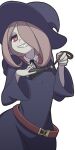  1girl belt brown_hair colored_skin commentary english_commentary eyeshadow grey_skin grin hair_over_one_eye hat little_witch_academia makeup mascara mike_inel necktie red_eyes robe sharp_teeth smile solo sucy_manbavaran teeth transparent_background upper_body witch_hat 