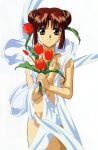 1990s_(style) 1girl bangs breasts brown_hair convenient_censoring cowboy_shot double_bun feet_out_of_frame flower fushigi_yuugi hair_flower hair_ornament holding holding_flower looking_at_viewer naked_ribbon navel official_art retro_artstyle ribbon short_hair simple_background small_breasts smile solo white_background yellow_eyes yuuki_miaka 