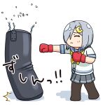  1girl black_legwear blush boxing_gloves closed_eyes closed_mouth falling grey_skirt hair_ornament hair_over_one_eye hairclip hama!_(3toshinhmkz) hamakaze_(kancolle) kantai_collection neckerchief pleated_skirt punching_bag school_uniform serafuku shadow short_hair silver_hair simple_background skirt solo uniform white_background yellow_neckerchief 