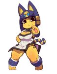  1girl :o alternate_costume animal_crossing animal_ears ankha_(animal_crossing) ass_visible_through_thighs bangs black_eyes blunt_bangs blush breasts cat_ears cat_tail cleavage colored_skin covered_navel dress egyptian fukurou_(owl222) furry furry_female highres large_breasts panties shiny shiny_skin short_hair shortstack side-tie_panties simple_background solo standing tail underwear white_background yellow_skin 