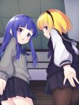  2girls absurdres bangs black_legwear black_skirt black_sweater blonde_hair blue_hair blunt_bangs blush commentary_request covering covering_ass from_behind from_below furude_rika grey_sweater hairband hazumi_otoya highres higurashi_no_naku_koro_ni houjou_satoko indoors long_hair looking_at_viewer looking_back multiple_girls open_mouth pantyhose purple_eyes school_uniform short_hair skirt stairs sweater thighs white_sleeves 