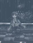  1girl black_eyes black_hair black_legwear black_skirt blue_theme bush crying free_hugs frown hamsterfragment kneeling monochrome open_mouth original pixel_art rain skirt suicidal_girl_(hamsterfragment) thighhighs 