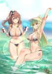  2girls alternate_costume arm_up arms_up bare_arms bare_legs bare_shoulders barefoot bikini blonde_hair blue_eyes blue_sky breasts brown_hair can cloud commentary day english_commentary grey_bikini hair_between_eyes halterneck highres holding holding_can iowa_(kancolle) kantai_collection large_breasts long_hair looking_at_viewer multiple_girls osananajimi_neko outdoors ponytail saratoga_(kancolle) side_ponytail sidelocks skindentation sky smokestack smokestack_hair_ornament soaking_feet string_bikini swimsuit unfinished visor_cap water 