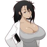  1girl :/ black_eyes black_hair breasts cleavage collarbone commentary english_commentary genderswap genderswap_(mtf) grey_shirt hair_over_one_eye huge_breasts labcoat long_hair mike_inel okabe_rintarou shirt solo steins;gate transparent_background upper_body 