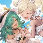  2girls bangs bikini black_choker black_ribbon blonde_hair blush breasts choker closed_eyes cloud dark-skinned_female dark_skin day frilled_bikini frills granblue_fantasy green_hair hair_ornament hair_over_one_eye hat hat_ribbon io_(granblue_fantasy) kolulu_(granblue_fantasy) long_hair multiple_girls numahidoi one_eye_covered open_mouth ribbon sky small_breasts smile summer swept_bangs swimsuit tied_hair twintails twitter_username white_bikini 