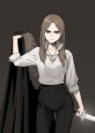  1girl black_pants brown_background brown_hair cape cape_removed closed_mouth cowboy_shot gogalking grey_eyes hand_up highres holding holding_cape holding_clothes holding_sword holding_weapon jewelry leonir_(gogalking) long_hair long_sleeves looking_at_viewer necklace original pants popped_collar sanpaku serious shirt simple_background solo standing sword weapon white_shirt 