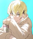  1boy bad_id bad_pixiv_id bangs blonde_hair blue_background brown_hoodie can commentary_request covered_mouth earrings eyebrows_visible_through_hair green_eyes hair_between_eyes holding holding_can hood hood_down hoodie icehotmilktea jewelry long_sleeves looking_at_viewer male_focus matsuno_chifuyu simple_background sleeves_past_wrists solo thick_eyebrows tokyo_revengers upper_body 