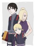  1girl 2boys bangs black_eyes black_hair black_shirt blonde_hair blue_eyes boruto:_naruto_next_generations earrings family grin hair_between_eyes hair_over_one_eye hand_on_another&#039;s_shoulder highres jewelry looking_at_viewer multiple_boys naruto_(series) pinoko_(pnk623) ponytail purple_shirt sai_(naruto) scroll shirt sleeveless sleeveless_shirt smile teeth yamanaka_ino yamanaka_inojin 