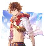  1boy achan_(blue_semi) ahoge bangs belt belt_buckle brown_hair buckle cloud commentary_request fanny_pack granblue_fantasy groin hood hood_down hooded_jacket jacket lens_flare looking_at_viewer male_focus navel official_alternate_costume open_clothes open_jacket parted_lips red_eyes sandalphon_(granblue_fantasy) short_hair solo stomach 