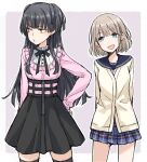  2girls :d ayakura_juu black_skirt blue_eyes blue_sailor_collar blue_skirt cardigan commentary_request idolmaster idolmaster_shiny_colors long_hair looking_away mayuzumi_fuyuko multiple_girls o3o open_mouth pink_shirt sailor_collar school_uniform serafuku serizawa_asahi shirt short_hair skirt smile thighhighs two_side_up 