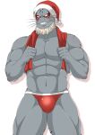  1boy abs alternate_costume bara beard blush boku_no_hero_academia bulge christmas edging_underwear facial_hair feet_out_of_frame fins fish_boy furry furry_male grin halakadira hat highres jockstrap large_pectorals male_focus male_underwear mature_male muscular muscular_male navel pectorals red_male_underwear reward_available santa_costume santa_hat selkie_(boku_no_hero_academia) smile solo stomach thick_thighs thighs topless_male towel towel_around_neck underwear underwear_only whiskers white_background 