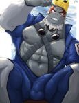  1boy abs bara bare_pectorals beard blue_male_swimwear blush bodysuit boku_no_hero_academia bulge chest_harness erection erection_under_clothes facial_hair feet_out_of_frame fins fish_boy furry furry_male goggles goggles_on_headwear harness highres large_pectorals leaning_to_the_side looking_at_viewer male_focus male_swimwear mature_male muscular muscular_male naru_evernett navel nipples open_clothes pectorals selkie_(boku_no_hero_academia) sitting solo stomach swim_briefs wetsuit whiskers 