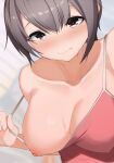  1girl alternate_breast_size apple_(ygbhjdbiulsg) bangs bare_shoulders blush breasts brown_eyes brown_hair camisole cleavage closed_mouth collarbone commentary_request highres idolmaster idolmaster_cinderella_girls large_breasts looking_at_viewer nipples nose_blush otokura_yuuki pulled_by_self short_hair smile solo strap_pull sweat upper_body 