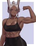  1girl abs animal_ear_fluff animal_ears armpits bangs biceps black_choker black_nails black_pants black_sports_bra blush boku_no_hero_academia border breasts choker cleavage clenched_hand commentary dark-skinned_female dark_skin english_commentary eyeshadow fingernails flexing gud0c highres lavender_background long_eyelashes long_hair makeup medium_breasts midriff mirko muscular muscular_female outside_border pants parted_bangs ponytail pose pouty_lips rabbit_ears rabbit_girl rabbit_tail raised_eyebrows silver_hair slit_pupils solo sports_bra tail thick_arms veins veiny_arms white_border wide_hips yoga_pants 