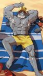  0rang3 1boy abs absurdres alternate_costume arm_behind_head armpit_hair armpits bara beach beard boku_no_hero_academia colored_skin commission contemporary facial_hair fins fish_boy full_body furry furry_male goggles goggles_on_head grey_skin highres lying male_focus male_swimwear mature_male muscular muscular_male navel navel_hair nipples on_back one_eye_closed pectorals sand selkie_(boku_no_hero_academia) solo sparkle stomach swim_briefs thick_thighs thighs topless_male whiskers yellow_male_swimwear 