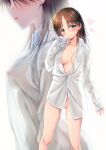  1girl blush breasts brown_hair closed_mouth eyebrows_visible_through_hair full_body green_eyes hair_between_eyes long_hair long_sleeves looking_at_viewer medium_breasts mikami_mika nipples nude original see-through shirt simple_background solo standing thighhighs upper_body white_background x-ray 
