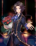  1boy achan_(blue_semi) bangs black_hair black_pants blue_eyes blue_neckwear blurry blurry_background bokeh bouquet coattails collared_shirt commentary_request cowboy_shot depth_of_field flower formal granblue_fantasy highres lancelot_(granblue_fantasy) male_focus off_shoulder official_alternate_costume outstretched_arm pants parted_bangs rose shirt short_hair smile solo suit thigh_strap white_shirt 