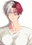  1boy alternate_eye_color bangs bespectacled boku_no_hero_academia closed_mouth collarbone glasses grey_eyes grey_hair highres looking_at_viewer male_focus ohcome_yone red_hair semi-rimless_eyewear shiny shiny_hair shirt short_hair simple_background solo split-color_hair todoroki_shouto upper_body white_background white_shirt 