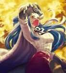  1girl bangs blue_hair breasts dinosaur_girl dinosaur_tail highres horns living_(pixiv5031111) long_hair long_sleeves looking_at_viewer mask mouth_mask multicolored_hair one_piece pink_hair solo striped tail two-tone_hair ulti_(one_piece) 