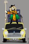  1girl absurdres black_headwear blonde_hair boots brown_headwear car chair couch green_skirt ground_vehicle hat hidden_star_in_four_seasons highres jordi7594 long_hair long_sleeves matara_okina meme mini_cooper mop motor_vehicle mr_bean orange_sleeves parody signature sitting skirt tabard touhou twitter_username wide_sleeves yellow_eyes 