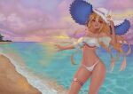  1girl absurdres baeg_mi bangs beach bikini blonde_hair cloud cloudy_sky crop_top dark-skinned_female dark_skin elf floating_hair flower hair_between_eyes hand_up hat hat_flower highres hololive long_hair looking_at_viewer navel ocean open_mouth pointy_ears red_eyes sand see-through_shirt shiranui_flare sky smile solo sun_hat swimsuit tan thigh_gap very_long_hair virtual_youtuber water white_bikini white_flower white_headwear 