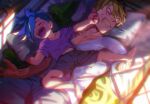  2boys amputee annoyed bed blonde_hair blue_hair blush child clenched_teeth closed_eyes collarbone commentary_request drooling galo_thymos highres indoors kray_foresight male_focus meipu_hm multiple_boys on_bed open_mouth pants pillow promare saliva shirt short_hair shorts sleeping sleeping_on_person snoring spiked_hair teeth younger 