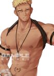  1boy abs armlet bara bare_pectorals black_tank_top clothes_lift commission dog_tags eyebrow_piercing facial_hair goatee groin implied_masturbation jewelry large_pectorals looking_at_viewer male_focus male_pubic_hair mature_male muscular muscular_male naked_shirt navel navel_hair necklace nipples original out-of-frame_censoring pectorals piercing pubic_hair pubic_hair_peek sample scar scar_on_cheek scar_on_face shirt shirt_behind_neck shirt_lift short_hair sideburns sokimi_(sosojovan) solo stomach stomach_tattoo stubble tank_top tattoo upper_body 