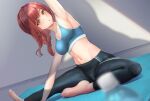  1girl :o absurdres arm_up armpits bangs bare_shoulders barefoot black_pants blue_sports_bra blurry blurry_foreground blush bottle braid breasts brown_hair cleavage collarbone commentary_request eyebrows_visible_through_hair groin hair_between_eyes highres idolmaster idolmaster_shiny_colors long_hair looking_at_viewer medium_breasts midriff navel oosaki_amana pants partial_commentary shadow sideboob sidelocks sitting solo sports_bra stretch sunvinegar sweat swept_bangs tight tight_pants wall water_bottle yellow_eyes 
