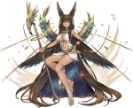  1girl absurdly_long_hair animal_ear_fluff animal_ears ankh ark_order bangs barefoot barefoot_sandals black_cape black_wings bracelet breasts brown_hair cape chain dark-skinned_female dark_skin ear_piercing earrings feathered_wings fox_ears full_body gold gold_chain hair_ornament holding holding_staff holding_whip invisible_chair jewelry large_breasts leg_tattoo long_hair looking_at_viewer maya_g mole mole_on_breast navel necklace official_art pelvic_curtain piercing pubic_tattoo set_(ark_order) sideboob sidelocks sitting solo space_print staff starry_sky_print tachi-e tattoo thighlet transparent_background very_long_hair water whip wings yellow_eyes 