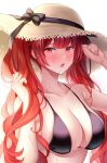  1girl :o azur_lane bangs bikini black_bikini black_bow blunt_bangs blush bow breasts brown_headwear cleavage collarbone ear_blush eyebrows_visible_through_hair hat hat_bow hat_ornament highres honolulu_(azur_lane) honolulu_(summer_accident?!)_(azur_lane) large_breasts long_hair looking_at_viewer nail_polish official_alternate_costume open_mouth pink_nails red_eyes red_hair simple_background solo straw_hat sweat swimsuit twintails upper_body v-shaped_eyebrows very_long_hair white_background yukinimaru 