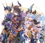  2boys 2girls achan_(blue_semi) animal_ears animal_on_shoulder baal_(granblue_fantasy) bell black_hair blue_hair bodysuit bow brown_hair cape closed_eyes commentary_request crown gauntlets gloves granblue_fantasy guitar hair_bow hair_over_one_eye hair_twirling headgear hug hug_from_behind instrument large_bow long_hair medusa_(shingeki_no_bahamut) multiple_boys multiple_girls nezha_(granblue_fantasy) open_mouth playing_with_another&#039;s_hair pointing pointing_forward purple_hair satyr_(granblue_fantasy) scarf short_hair smile sweatdrop 