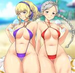  2girls absurdres ahoge alternate_costume bangs bikini blonde_hair blue_eyes braid commentary_request constance_von_nuvelle cup drinking_glass fire_emblem fire_emblem:_three_houses fire_emblem_fates fire_emblem_heroes hairband highres igni_tion long_hair looking_at_viewer md5_mismatch medium_hair multiple_girls nina_(fire_emblem) purple_swimsuit red_bikini red_swimsuit resolution_mismatch silver_hair source_smaller swimsuit twin_braids wakamezake wine_glass 