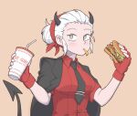  1girl bangs black_jacket black_necktie blush breasts brown_background brown_eyes burger collared_shirt cup demon_girl demon_horns demon_tail disposable_cup fingerless_gloves five_guys_burgers_and_fries food food_in_mouth french_fries gloves hairband hands_up helltaker highres holding holding_cup holding_food horns jacket jacket_on_shoulders justice_(helltaker) large_breasts necktie open_clothes open_jacket pulledintonzrth red_hairband red_shirt shirt short_hair short_sleeves simple_background solo sunglasses tail tie_clip upper_body white_hair 