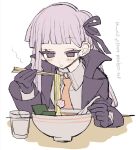  1girl :o bangs black_ribbon blunt_bangs blush braid chopsticks collared_shirt cup_ramen danganronpa:_trigger_happy_havoc danganronpa_(series) eyebrows_visible_through_hair food glass gloves hair_ribbon holding holding_chopsticks jacket kirigiri_kyouko long_hair long_sleeves manaita_no_sake necktie open_clothes open_jacket orange_necktie purple_eyes purple_hair ribbon shirt side_braid solo translated upper_body 