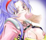  blue_hair breasts censored cum fellatio hairband hetero large_breasts oral penis purple_eyes sleigh_presty solo_focus super_robot_wars super_robot_wars_original_generation tears torn_clothes 