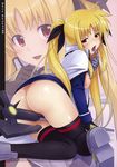  ass bardiche between_thighs blonde_hair blush crotch_rub face fate_testarossa finger_to_mouth ha-ru hair_ribbon highres long_hair lyrical_nanoha mahou_shoujo_lyrical_nanoha_strikers masturbation pussy_juice red_eyes ribbon solo staff sweat thighhighs twintails very_long_hair 