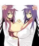  asymmetrical_docking bad_id bad_pixiv_id breast_press breast_rest breasts copyright_request huge_breasts japanese_clothes kimono long_hair multiple_girls nipples poporon purple_hair 