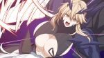  1girl armor artoria_pendragon_(fate) artoria_pendragon_(lancer_alter)_(fate) black_armor black_bodysuit black_cape blonde_hair bodysuit braid breasts cape center_opening cleavage dark_rhongomyniad fate/grand_order fate_(series) french_braid hair_between_eyes horns horse horseback_riding huge_breasts kloah lance llamrei_(fate) long_hair looking_at_viewer open_mouth pauldrons polearm revealing_clothes ribbed_bodysuit riding shoulder_armor sideboob sidelocks solo underboob weapon yellow_eyes 