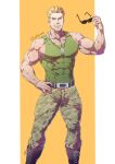  1boy abs alternate_pectoral_size artist_name bara belt blonde_hair blue_eyes boots camouflage camouflage_pants closed_mouth covered_abs covered_nipples evinist green_tank_top highres holding holding_eyewear jewelry large_pectorals male_focus muscular muscular_male necklace nipples pants pectoral_cleavage pectorals pokemon pokemon_(game) pokemon_hgss short_hair sidepec smile spiked_hair sunglasses surge_(pokemon) tank_top taut_clothes 