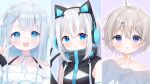  3girls :d :t ahoge amatsuka_uto animal_ears anzu_o0 artist_name bangs bare_shoulders black_jacket blue_eyes blue_hair blush brown_hair cat_ear_headphones chestnut_mouth closed_mouth collarbone commentary_request deyui dress eyebrows_visible_through_hair fake_animal_ears food_in_mouth grey_shirt hair_between_eyes hair_ornament hairclip hand_up headphones indie_virtual_youtuber jacket long_sleeves looking_at_viewer mouth_hold multiple_girls off-shoulder_dress off_shoulder open_mouth original parted_lips puffy_long_sleeves puffy_sleeves restya shirt signature silver_hair sleeveless sleeveless_jacket sleeves_past_wrists smile upper_body v virtual_youtuber white_dress wing_hair_ornament 