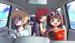  &lt;o&gt;_&lt;o&gt; 4girls alternate_costume antenna_hair black_ribbon black_shirt blue_hair blush book braid brown_eyes brown_hair car_interior collarbone day driving eyebrows_visible_through_hair eyewear_on_head fangs goshiki_agiri green_eyes ground_vehicle hair_ribbon highres holding holding_book hood hoodie kill_me_baby long_hair looking_at_another looking_away motor_vehicle multiple_girls open_mouth orange_hoodie oribe_yasuna red_hair ribbon shirt short_hair short_sleeves single_braid sleep_mask smile sonya_(kill_me_baby) steering_wheel sunglasses sweatdrop twintails unused_character van white_shirt yachima_tana 