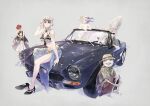  2boys 3girls absurdres adapted_costume alternate_form bikini bikini_top car emil_(nier) eyewear_on_head ff14yonah grimoire_weiss ground_vehicle hat hawaiian_shirt high_heels highres innertube kaine_(nier) looking_at_viewer motor_vehicle multiple_boys multiple_girls nier nier_(series) nier_(young) sarong shirt shoes silver_hair single_shoe sitting smile sunglasses surfboard swimsuit yonah 