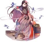  1girl ark_order bird black_dress black_footwear black_hair black_legwear bracelet breasts bridge china_dress chinese_clothes dress earrings egg falling_petals flower full_body hair_flower hair_ornament hair_stick heart jacket jewelry large_breasts long_sleeves looking_at_viewer nest official_art pantyhose petals red_eyes see-through see-through_jacket shoes short_sleeves side_slit sitting smoke solo tachi-e transparent_background you_ni_ge_shaobing zhurong_(ark_order) 