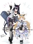  2girls animal_ears arknights bare_shoulders black_collar black_footwear black_gloves black_hair blaze_(arknights) blonde_hair blue_dress boots braid cat_ears collar dress flying_sweatdrops fox_ears fox_tail full_body gloves green_eyes hairband highres holding holding_staff id_card infection_monitor_(arknights) kitsune kyuubi multicolored_hair multiple_girls multiple_tails oripathy_lesion_(arknights) pantyhose partially_fingerless_gloves pouch purple_belt red_hairband shirt sidelocks simple_background single_glove staff standing streaked_hair suzuran_(arknights) tail thighhighs waving white_background white_hair white_legwear white_shirt white_wrist_cuffs wrist_cuffs yakota_(usuk-yako) 