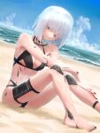  1girl android beach bikini cloud cloudy_sky commentary_request highres looking_at_viewer nail_polish ocean original purple_eyes signature sitting sky smile solo swimsuit tafuu_(tortafu) thigh_pouch waves white_hair 
